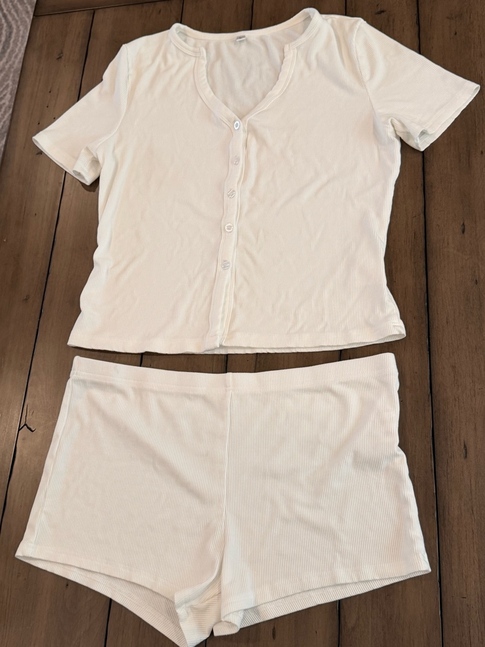 Women's White Soft Stretchy Short Sleeve Rayon Knit Ribbed‎ Sleep Set #431